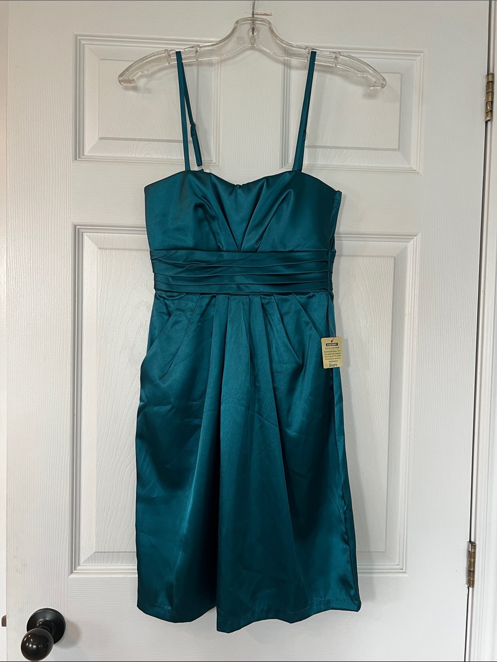 Jolie Teal Satin Midi Dress with Spaghetti Straps